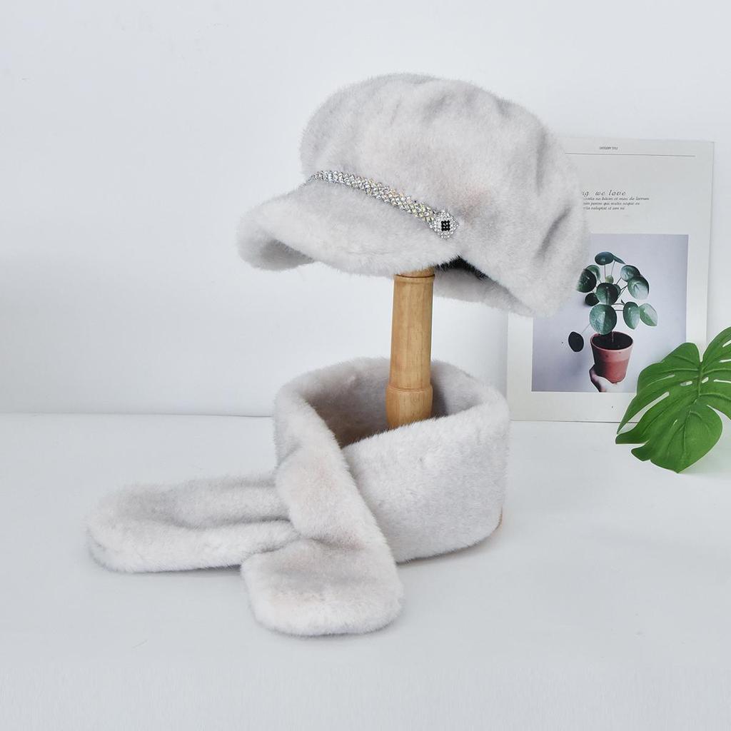 Luxury Faux Mink Fur Beret with Visor for Women, Winter Hat&Scarf Set,Outdoor Peaked Beret with Rhinestone Embellishment
