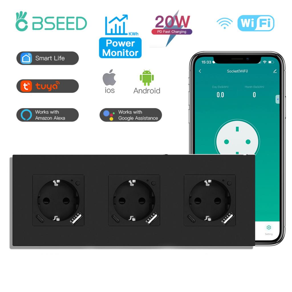 BSEED Wifi EU Socket With Normal Type-c USB Fast Charging Ports Smart Sockets Support Tuya Smart Life Alexa App Plastic Frames