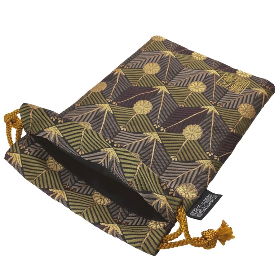 Senshishuin Nishijin Brocade Drawstring Bag (Lined) - Purple and Green Tortoiseshell Pine Design, Medium Size