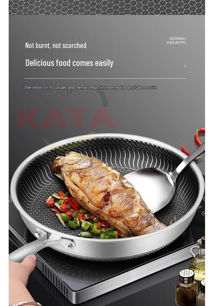 316L Stainless Steel Frying Pan for Home Use, Flat Bottom, Non-Coated, Ideal for Steak and Fried Eggs, Compatible with Induction and Gas Stoves