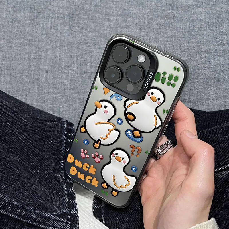 Silver High-Grade Anti-Fall iPhone 15 Pro Max/14/13 Case with Cute White Duck Design