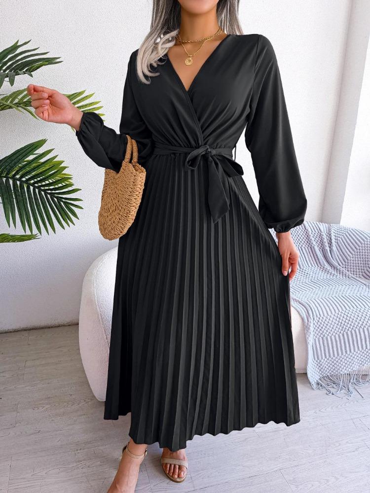 Elegant Women Pleated Maxi Dress Long Sleeve V Neck