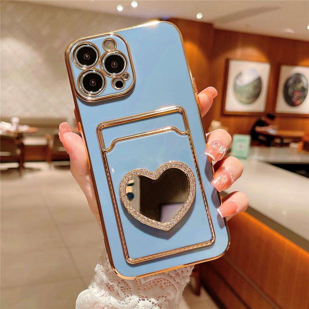 Glitter Rhinestone Love Heart Mirror Plating Wallet Card Case For iPhone 16 15 14 13 11 12 Pro Max XS X 7 8 Plus Soft Slot Cover