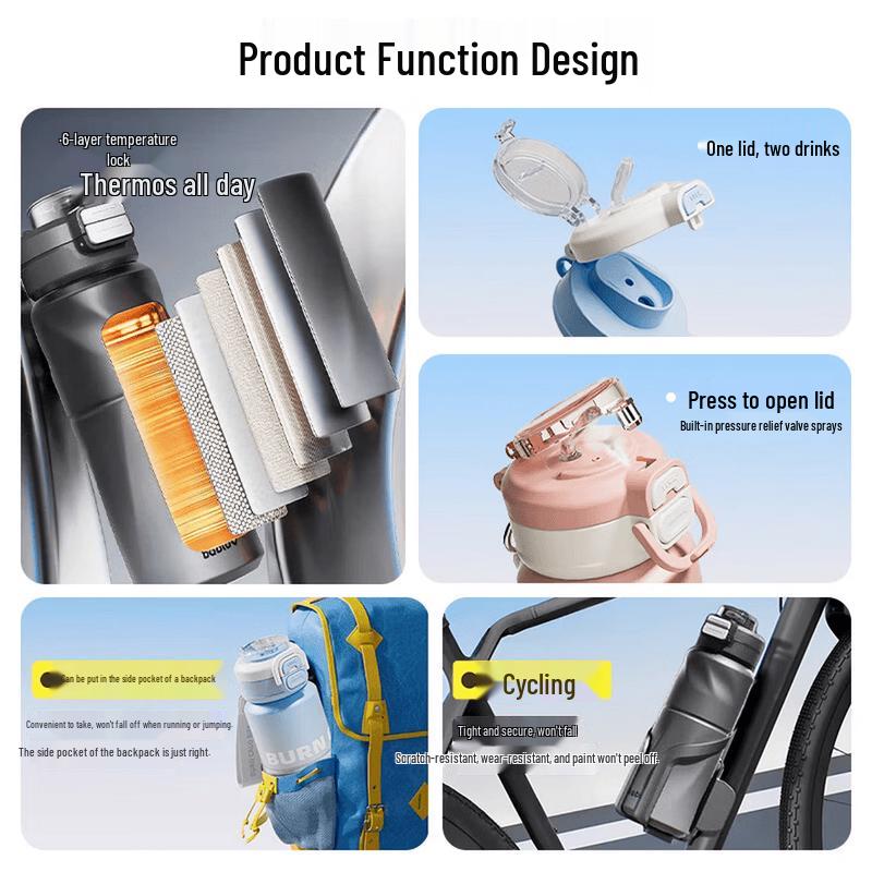 LINGCHEN Gradient Blue Sports Insulated Water Bottle 800ml