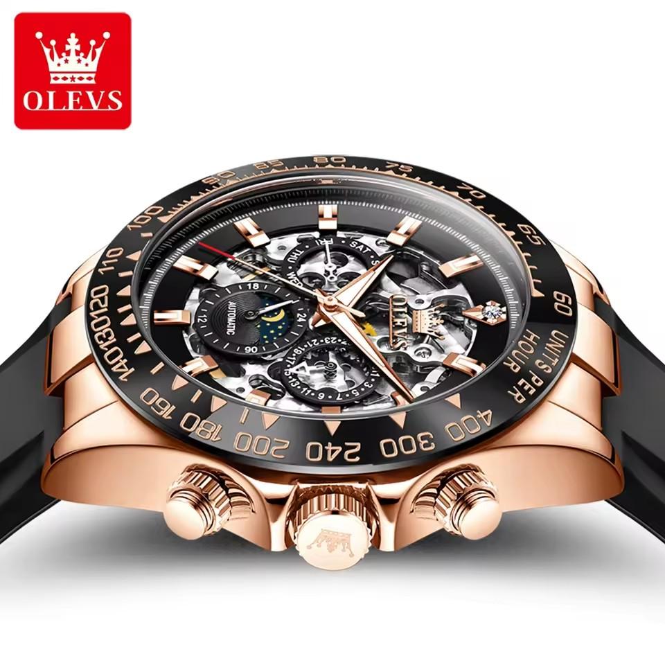 OLEVS 6713 New Automatic Mechanical Men's Watch Silicone Band Luminous Calendar Week Hollow Out 30M Waterproof Business Watches