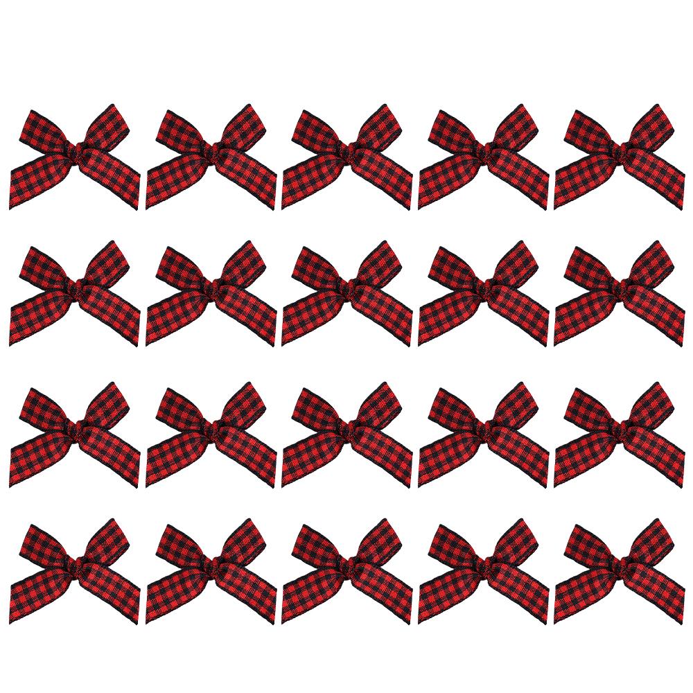 

Christmas Mini Bow Ornaments Red Black Plaid Gingham Ribbon Decoration Xmas Tree Wreath New Year Party Decor Gift Package Supply 20Pcs - 1Set