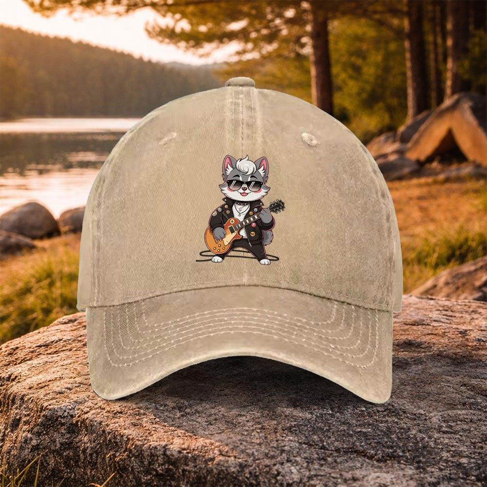 Rock Cat Electric Guitar Print Washed Baseball Cap Unisex Casual Hat for Golf Outdoor Daily Wear