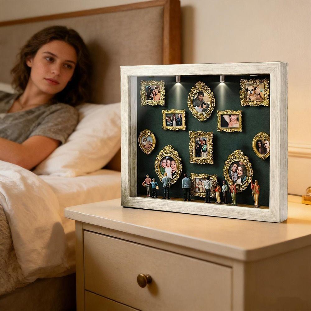 LED Light DIY Mini Museum Silhouette Box Miniature Desk Photo Frame Gold Frames Shadow Box Frame 8 Mini Figurines