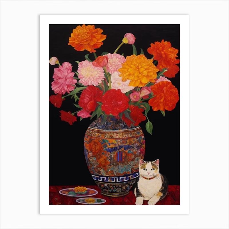 Vintage Bouquet Flower Lotus Lilies With A Cat Art Nouveau Klimt Style Art Print Poster Canvas Painting Wall Picture Room Decor