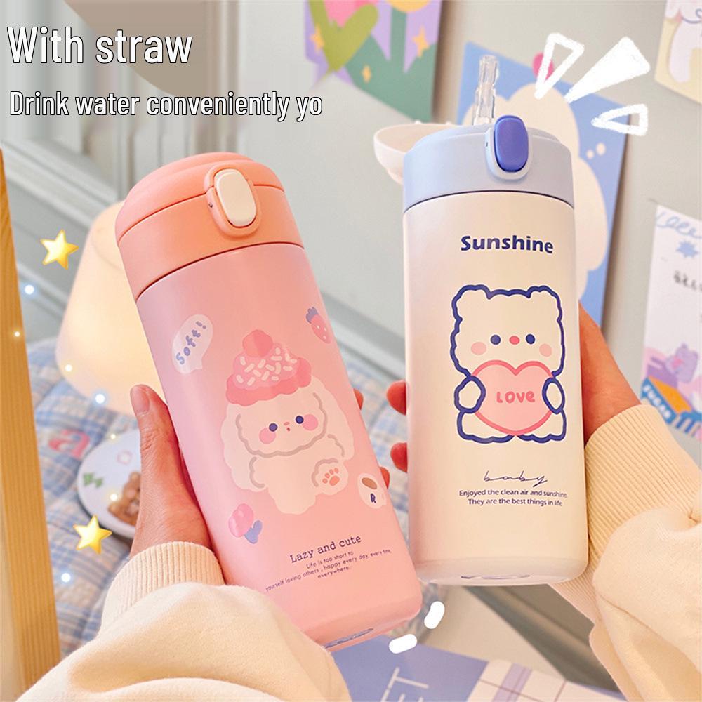 Ins Style Girly Heart Insulated Flask with Cute Bear Straw - Student Cartoon Pop-up Water Cup