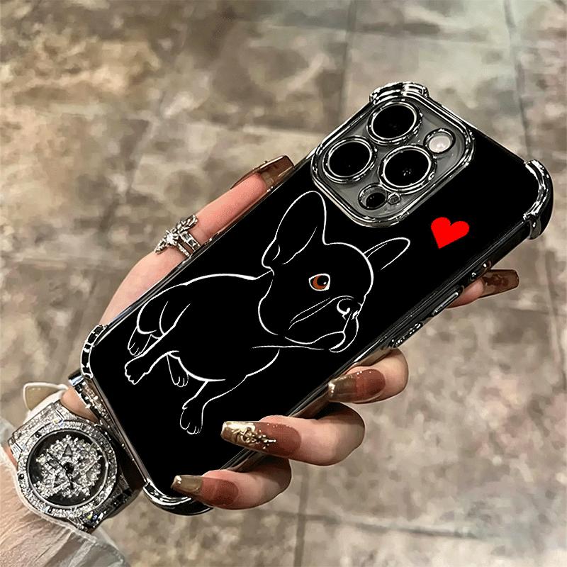 French Bulldog Black Desgin Plating Phone Case For Iphone 16 17 Pro Max Air 16E 14 15 Plus 12 13 Mini Anti-Fall Airabag Cover