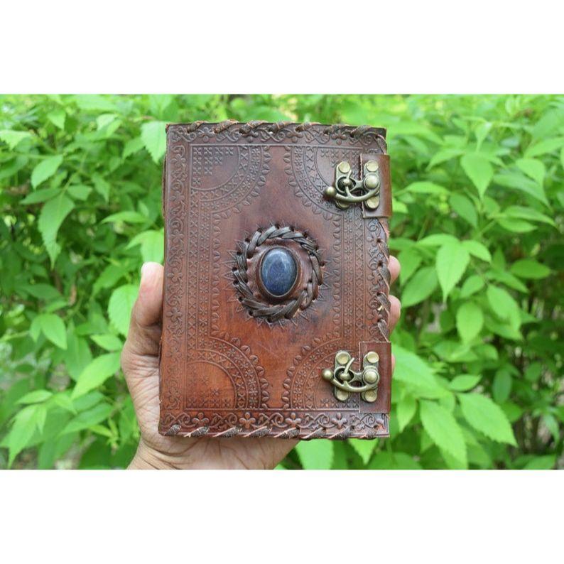 

Handmade Leather Journal: Lapiz Stone Diary, Embossed Book of Shadows 6 x 4 in