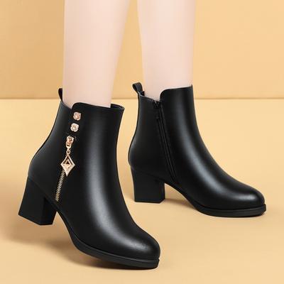 Mode Damen Lederstiefel Echtes Leder Plüschstiefel Winter Warm Dicker Absatz Marke High-Heel Mode Schneestiefel Damen Kurze Stiefel