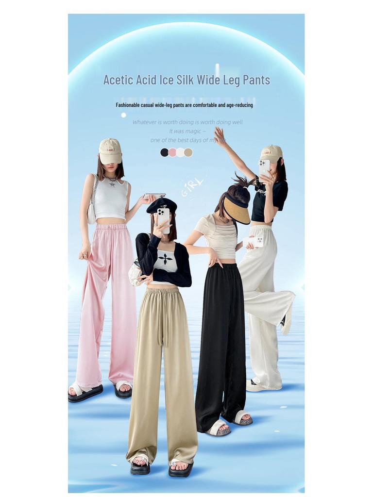 Women's Satin High-Waisted Acetate Wide-Leg Pants - Sun Protection Cool Ice Silk Drape for Short People