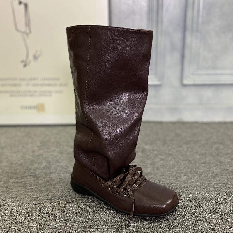 

Кожаные Винтажные Западные Ботинки с Мехом Женские Европейская Станция 2025 Балетный Ремешок Плиссированные Ботильоны Сонные Ботинки 40 бордовый