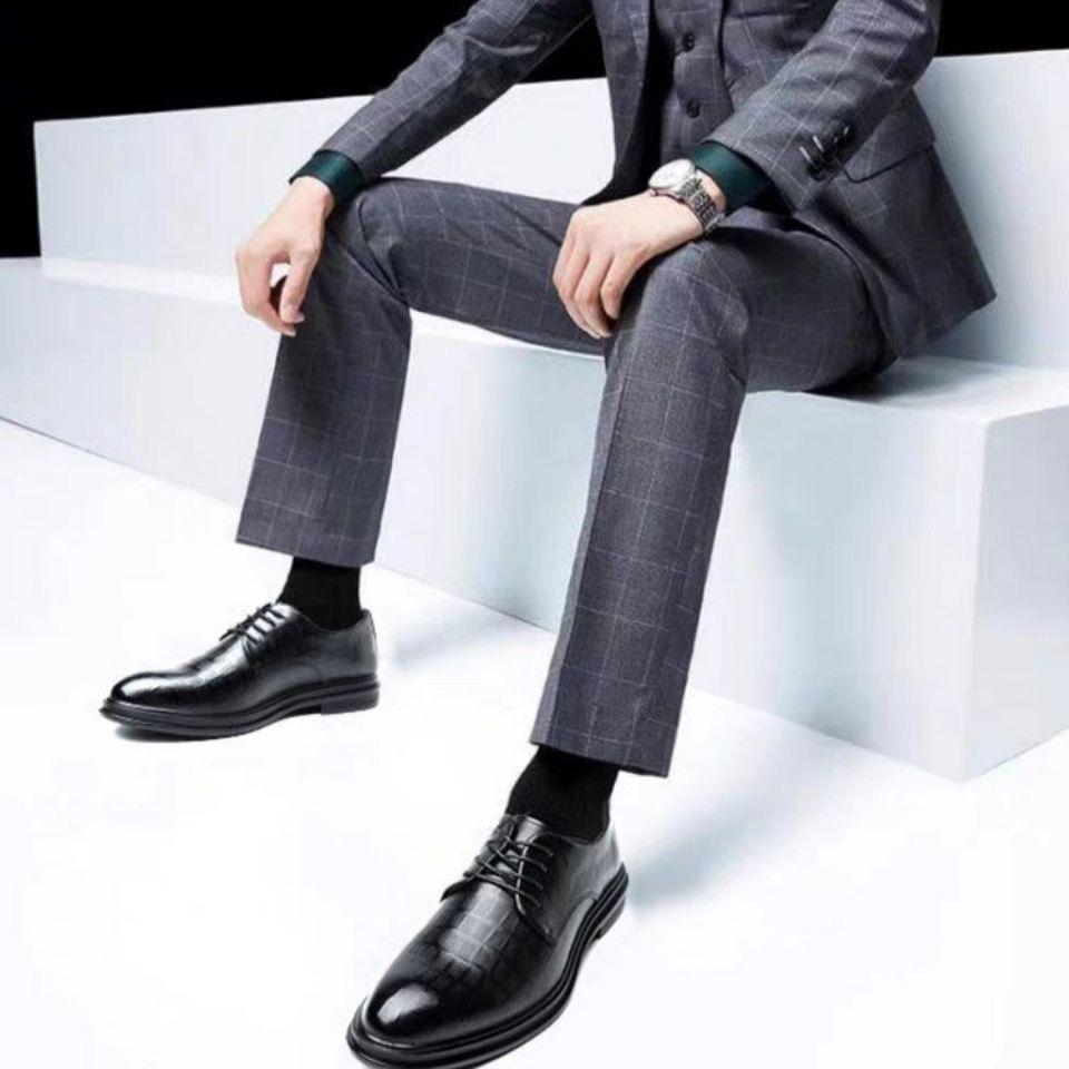 Men's leather shoes spring new business dress casual trendy shoes Korean version wedding British breathable work height-increasing shoes