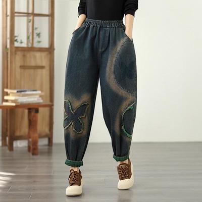 Plus Size Vintage Embroidery High Waist Casual Women Spring Autumn Jeans Denim Harem Pants