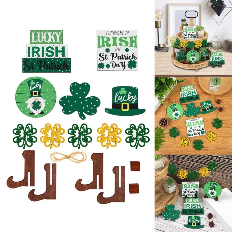 Patrick's Day Tiered Tray Decorations Gnome Leprechaun's Hat Shamrock Wooden Signs Decorations for Patrick's Day Decor