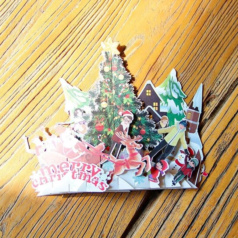 Merry Christmas 3D Popup Folding Greeting Card Unique Holiday Invitation Cards With Postcard Envelope  Greeting Card