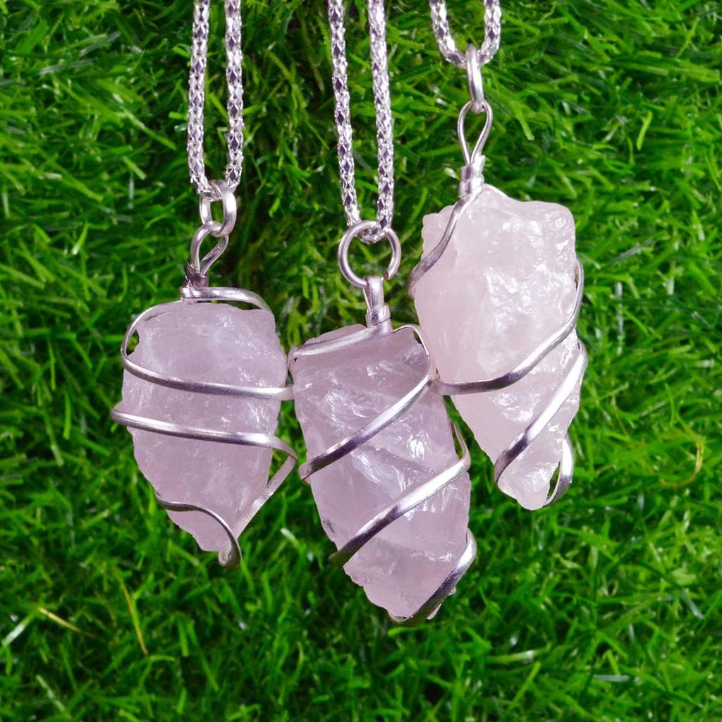 Reiki Rose Quartz Pendant Natural Wire Wrapped Crystal Stone Pendant with Metal Chain Size 30-35 Mm Approx. (Pink)