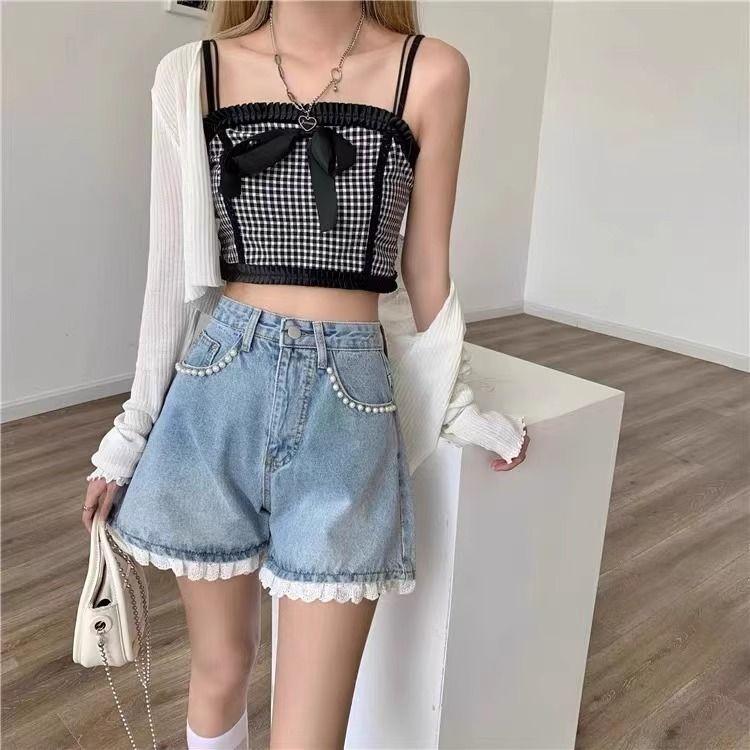 Hot Girl Denim Shorts Summer Sexy Lace Rhinestone High Waist Short Pants