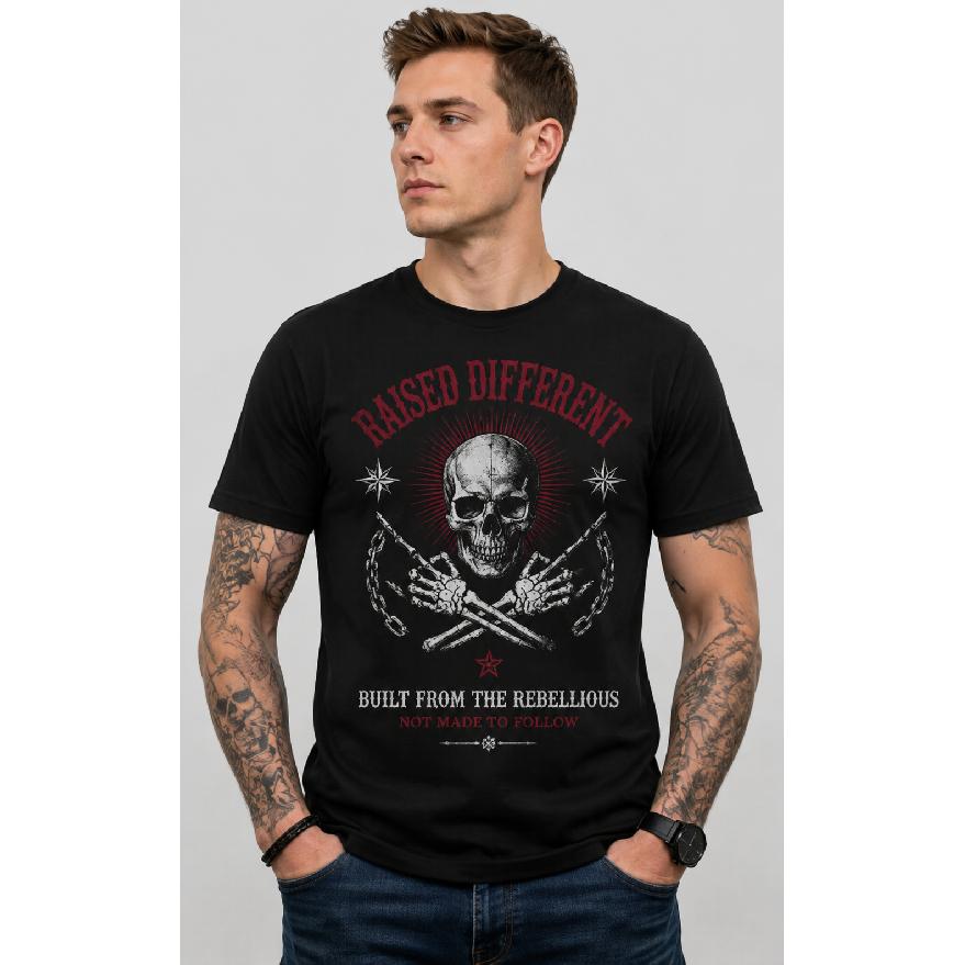 Men s black short sleeve crew neck t-shirt with bold skull graphic and rebellious slogan, soft cotton feel, edgy streetwear style for casual daily S чёрный