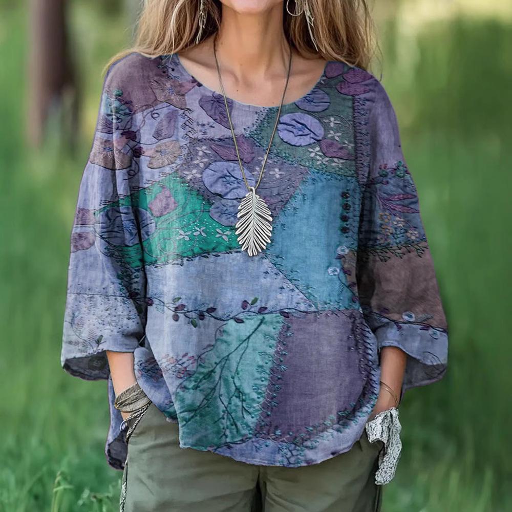 

Женский весенне-осенний пуловер с рукавами три четверти, круглым вырезом, свободного кроя, с принтом 5XL