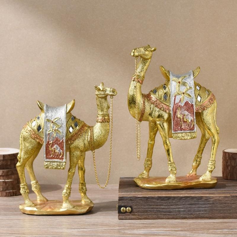 Artistic Camels Sculpture Resins Middle Eastern Ornament Gold Desert Animal Figurine for Living Room and Office Display