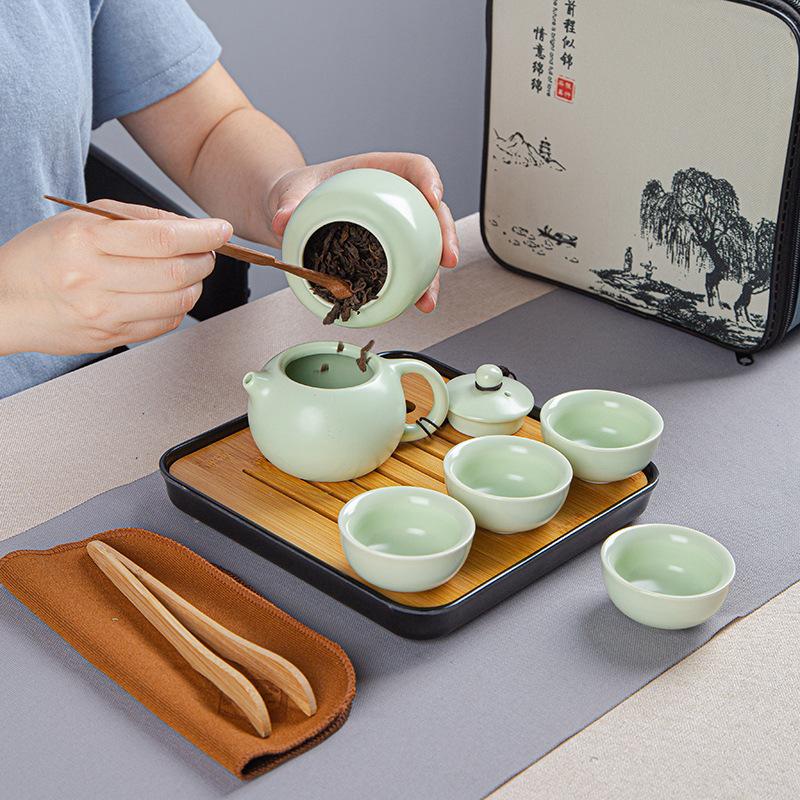 Travel tea set, Dingyao Kung Fu ceramics, one pot and four cups
