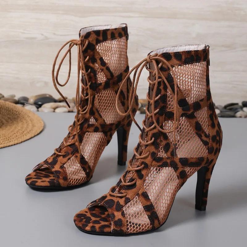 Fashion Mesh Cold Boots Women Summer Cutout Mesh Boots Jazz Dance High Heels Tied Hairband Fish Mouth Sandals Plus Size