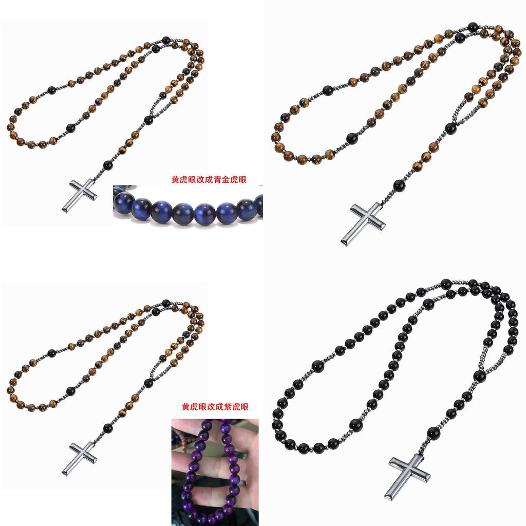 Collana di Perle Occhio di Tigre Nero con Ciondolo a Croce Fatta a Mano per Uomo e Donna