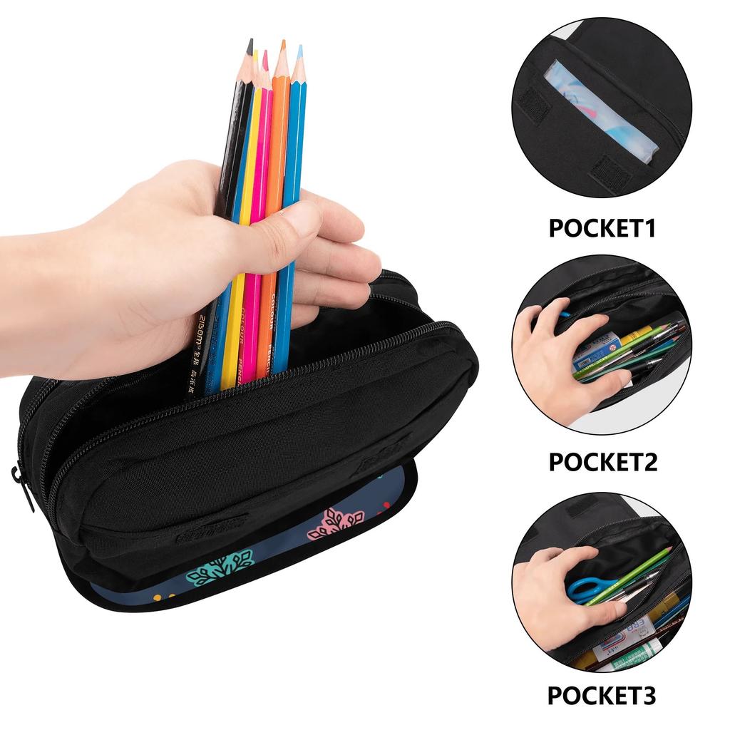 Pencil Case Double Layer Double Zipper 300D Polyester with Dual Storage for Pens Ruler Scissors and Earphones for Boys Girls