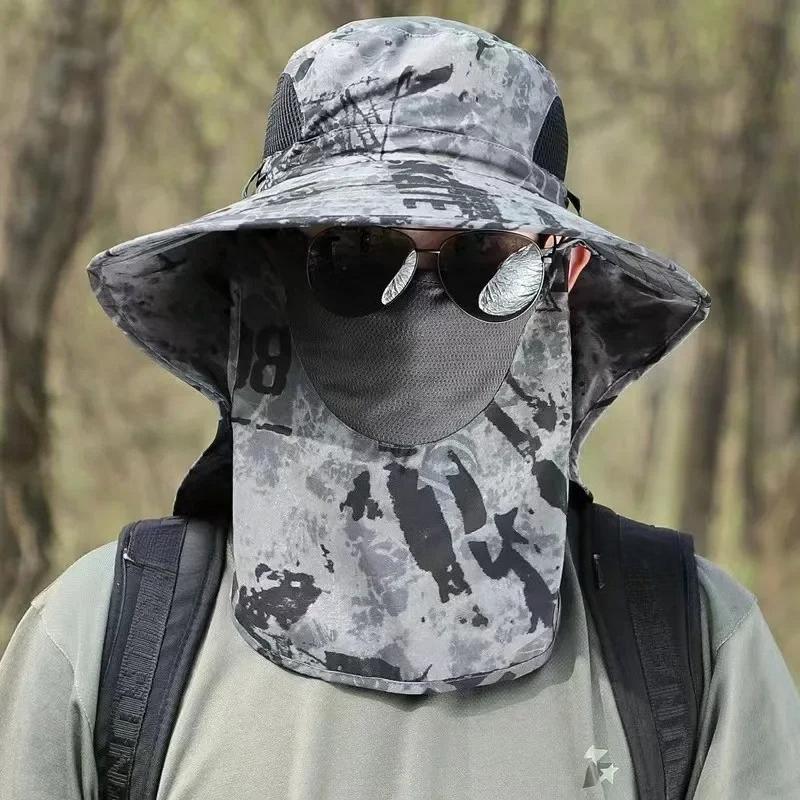 Outdoor Fisherman Hat Wide Brim Bucket Hat with Neck Cover Men Summer Breathable Mesh Sun Protection Visor Anti UV Cap Unisex