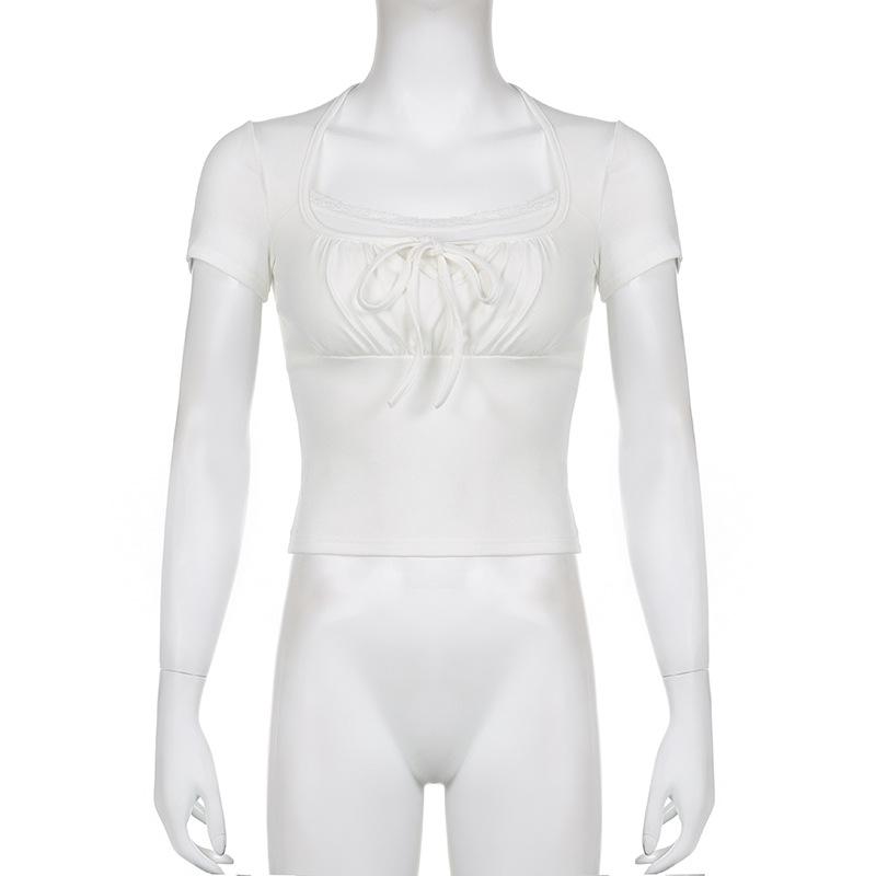 2024 Summer Sweet Lace Spliced White T-shirt Women Square Neck Short Sleeve Tshirts Woman Slim Fit Elegant Vintage Lady T Shirt 24279