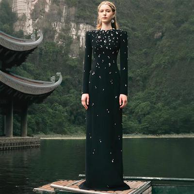 Elegant Heavy Beaded Long-Sleeve Diamond Long Dress