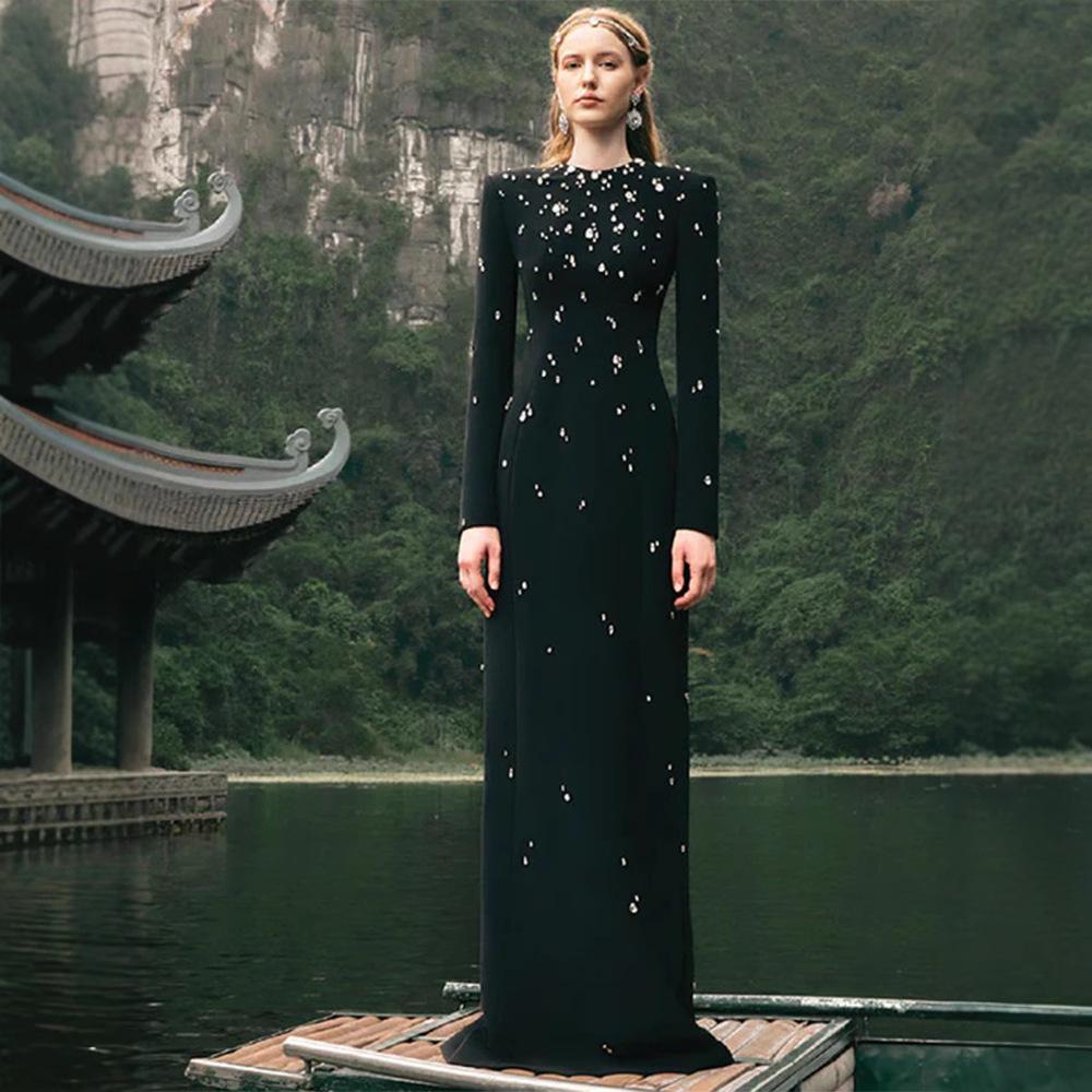 Elegant Heavy Beaded Long-Sleeve Diamond Long Dress