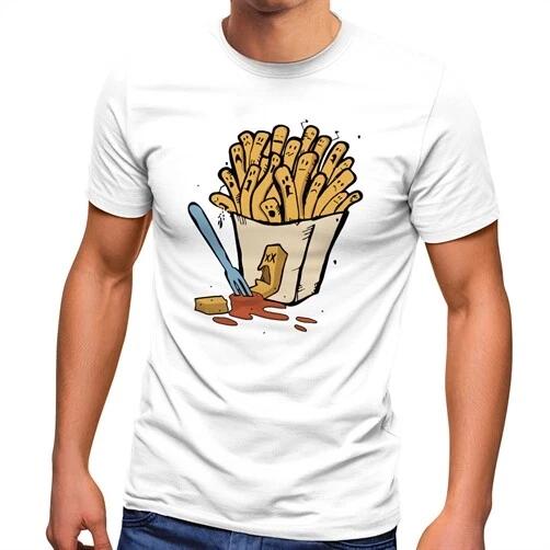 Mens 100% Cotton T-shirt Mens Tees Top French Fries Ketchup Funny Comic Drawing Fast Food- 4XL