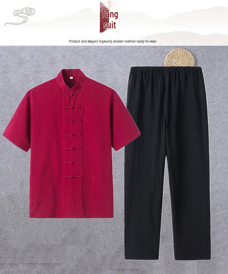 

Мужской костюм Тан из хлопка и льна: Короткий рукав, застежка на пуговицы-лягушки, китайский стиль, идеально для лета и пожилых мужчин. 4XL (approx. 100kg)