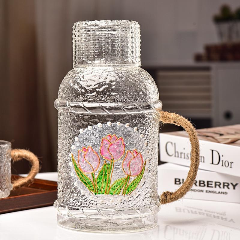 Japanese Style High Temperature Resistant Hammered Glass Water Jug Large Capacity Handle Pitcher with Cups Set