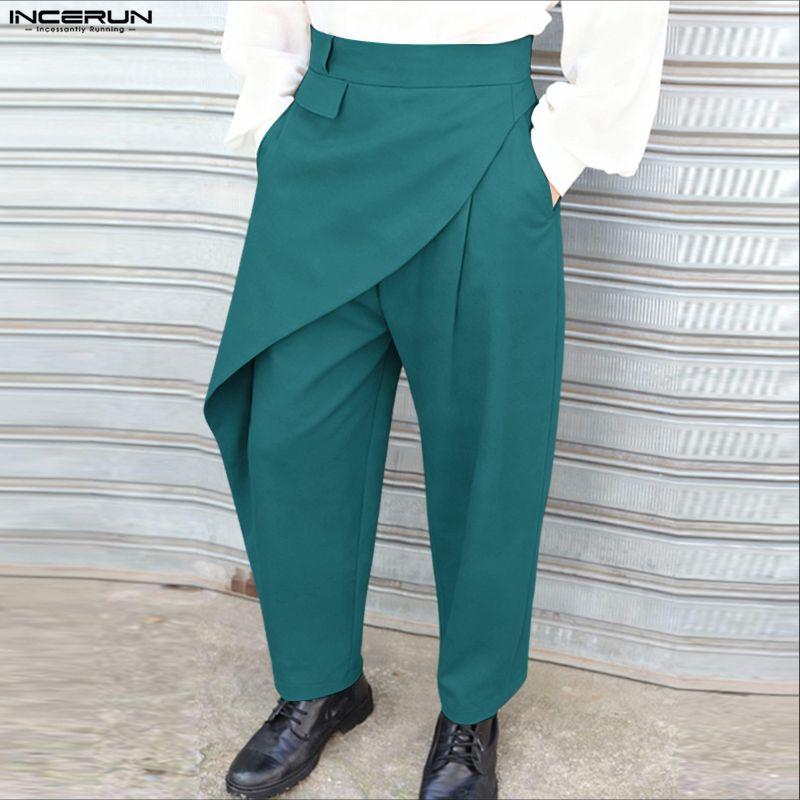 INCERUN Men Back Elastic Waist Casual Long Front Layers Harem Pants Trousers