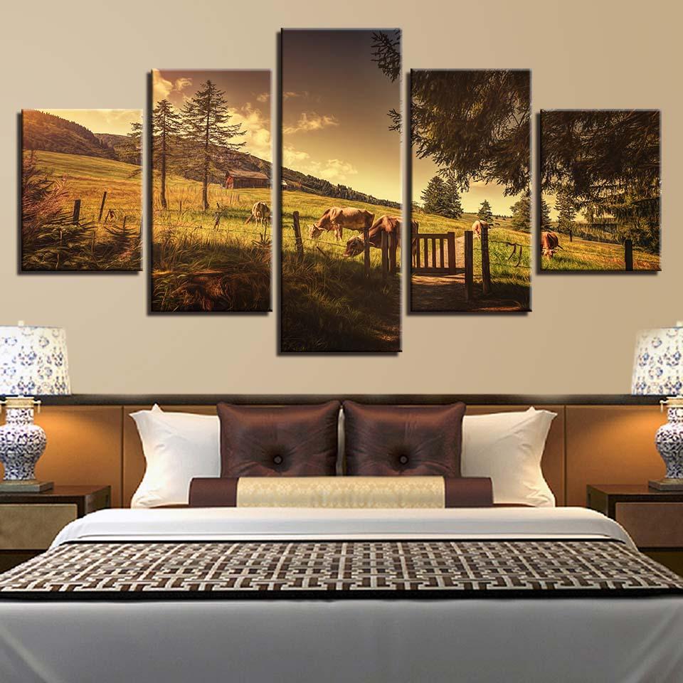 HD Prints Canvas Painting for Home Decoration, Wall Art, Modular Pictures, Cow, Animal, Tree Artwork, Living Room, 5 PCs