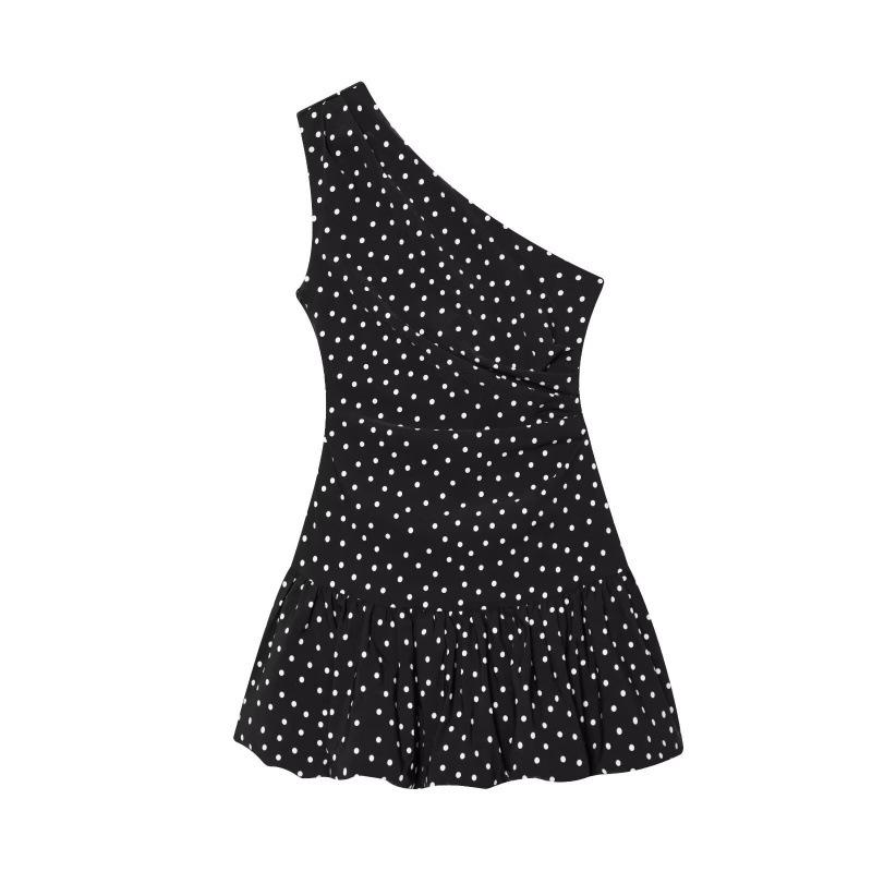 French Sweet Petite Polka Dot One-Shoulder Pleated Dress for Spring 2026