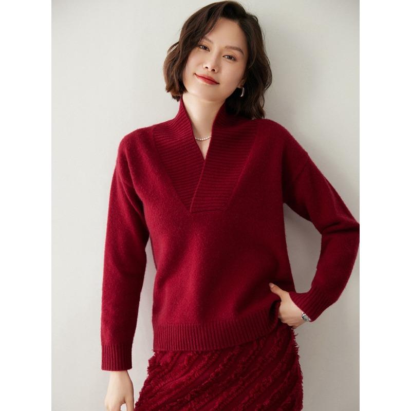 Temperament double-strand thickened pullover stacked V-neck sweater autumn and winter new high-end women's bottoming knitted sweater thick