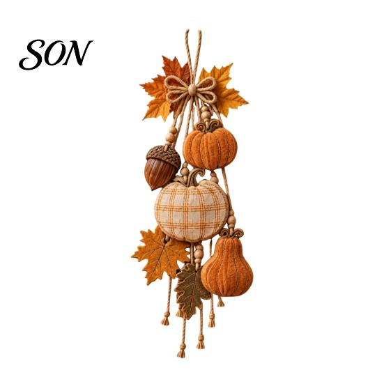 Thanksgiving Porch Hanging Rustic Pumpkin Swag, Wooden Ornament with Optional Warm Fall Fireplace Decor LED Lights, Front Door Hanger for Farmhouse