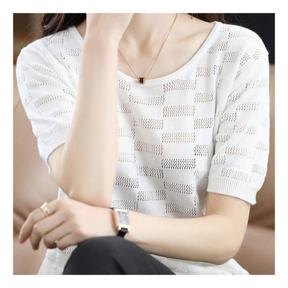 Navava Women Simple Daily Punching Check Short Sleeve Knit Nk2075