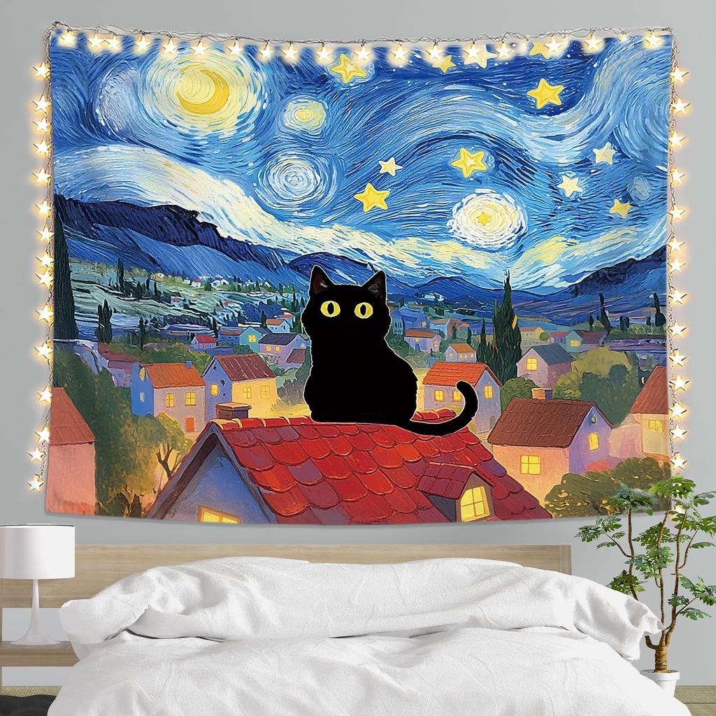 Funny Cat Tapestry for Bedroom, Cute Black and White Tapestry Anime Tapestry Wall Hanging with, Gifts for Cat Lovers, Cats Wall