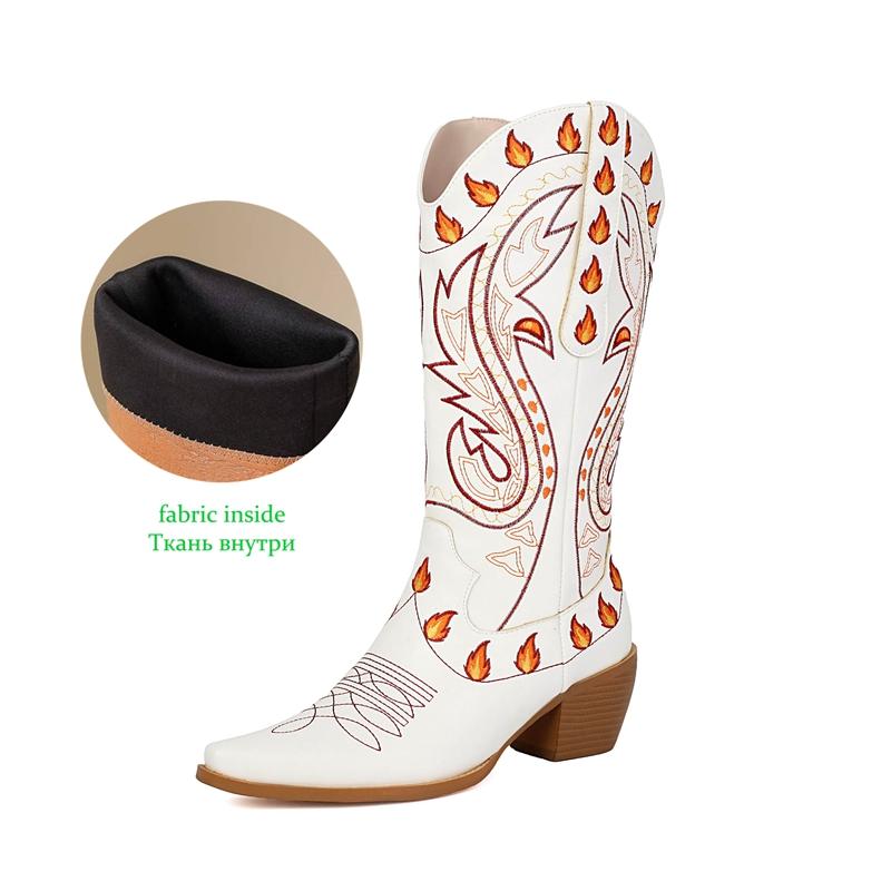 Krazing Po Polyurethane Winter Pointed Toe Western Boots Size 43 Sewing Embroidery Thick Heels Mid-calf Boots