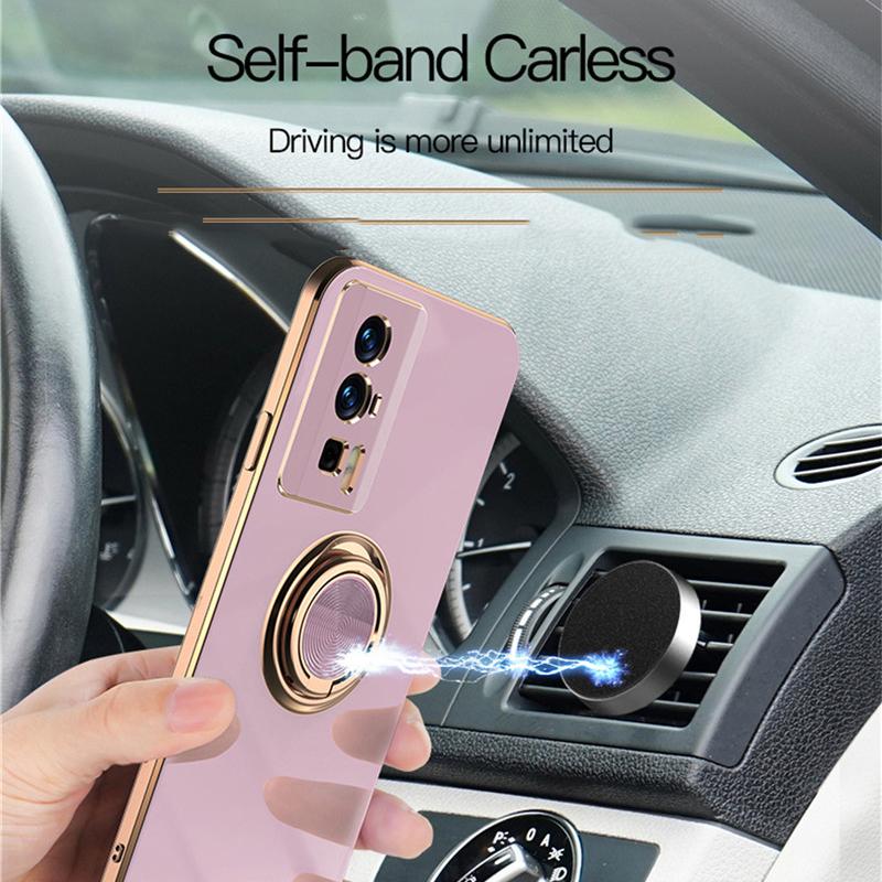 Magnetyczna Adsorpcja Samochodowa 6D Plating Silikonowe TPU Etui z Pierścieniem Dla Xiaomi Poco F5 X5 Pro Tylna Podpórka Powłoka Ochraniacz