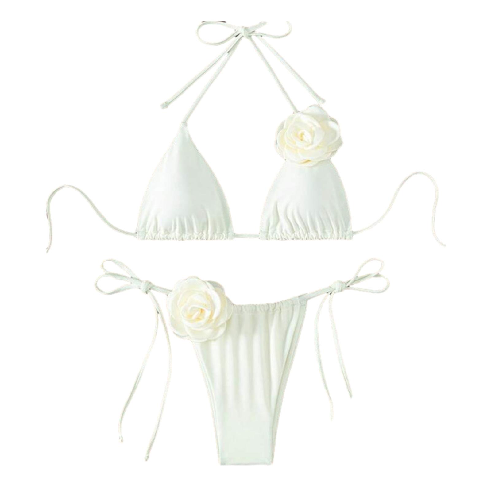 

Women 2 Pieces Split Swimsuits Ladies Halter Bikinis Set Lace Up Swimwear 3D Floral Bathing Suit for Tropical Vacations XL бежевий