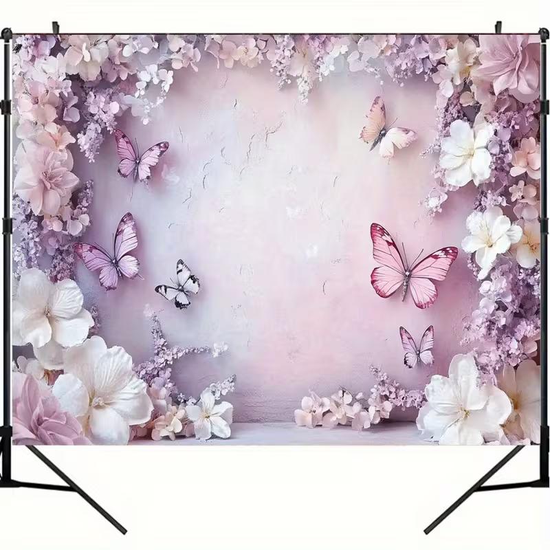 Boho Pink Floral Butterfly Tapestry Flower Wall Hanging Backdrop for Aesthetic Room Decor, Bridal Shower and Party